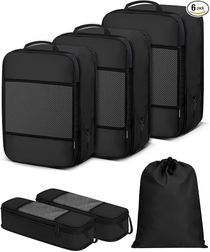 6 PCS Set Compression Packing Cubes for Travel, Lightweight Packing Organizer Bags Travel Essentials for Carry On, Suitcase, Home Closet - Black