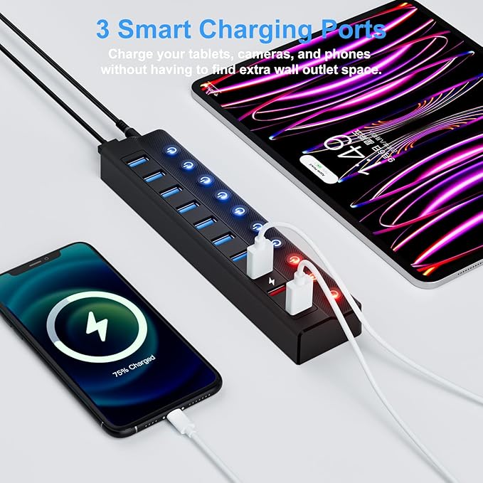 Powered USB Hub, 10-Port USB Splitter Hub (7 Faster Data Transfer Ports+ 3 Smart Charging Port) with Individual LED On/Off Switches and 12V/3A Power Adapter USB Extension for Mac, PC and More