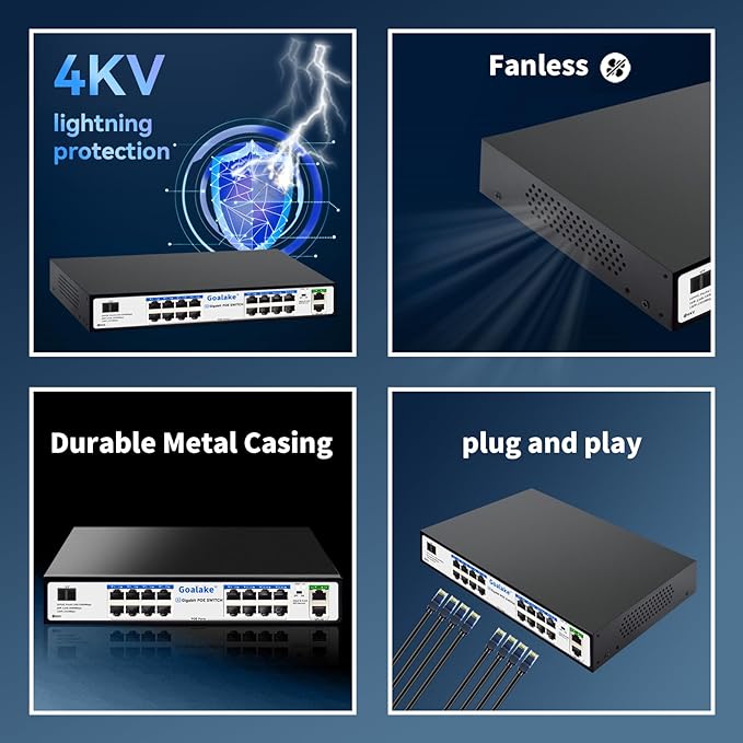 PoE Switch with 16 Gigabit PoE+ @240W Built-in Power, 2 Uplink Gigabit Port + 1 Combo SFP Slots, IEEE802.3af/at, Metal Casing, VLAN Mode, AI Function, Plug & Play Rack-mountable