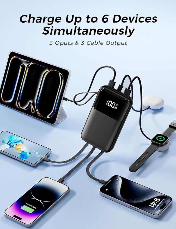 Power Bank, 15000mAh Portable Charger with Built in Cable, 22.5W Fast Charging, 6 Outputs, Slim Travel Essential Battery Pack with LED Display, Compatible with iPhone 16/15/14/13, Samsung, iPad, etc