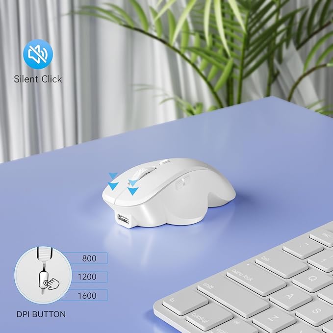 Uiosmuph Mini Wireless Bluetooth Mouse for Travel, Silent Rechargeable Computer Mouse for Laptop, Small Portable BT5.1/5.0 & 2.4Ghz with USB Receiver and Type C Adapter - White