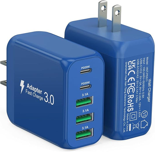 (2-Pack) 50W USB C Wall Charger Block, 5-Port C Charger Fast Charging Block PD Power Adapter +QC 3.0 Multiport Type C Box Brick Cube USB A Wall Plug for iPhone 15/16/17 Pro Max,Samsung (Dark Blue)