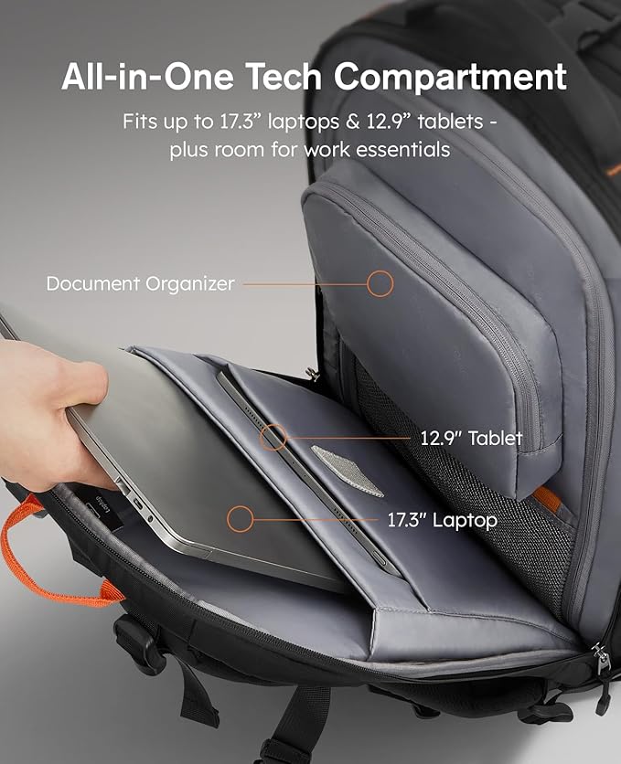 Tolaccea Travel Laptop Backpack, TSA Friendly Flight Approved Carry-on Business Rucksack Work Backpack with Extra Toiletry Bag, Dual Storage for 17.3" Laptop and 12.9" Tablet, 40-45L Expandable