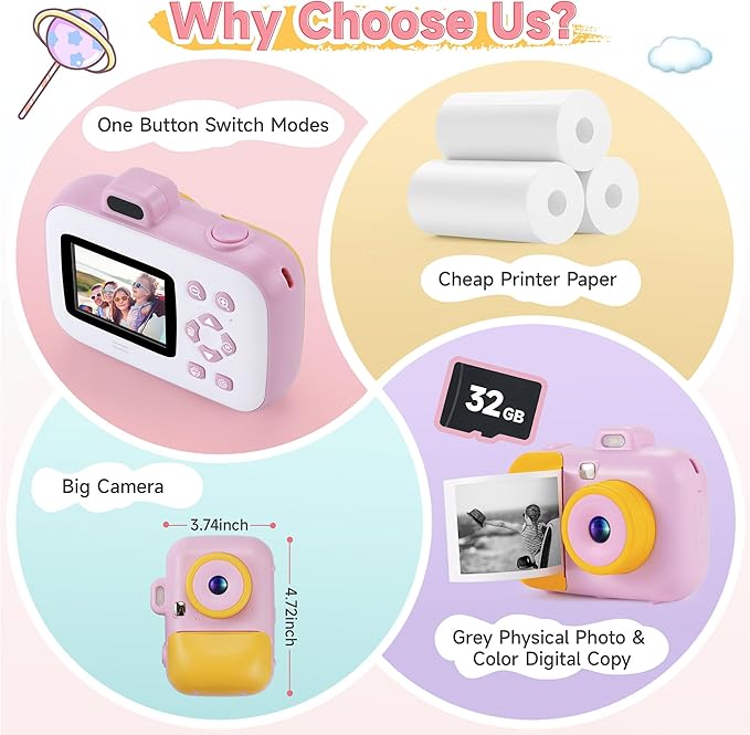 Kids Camera Instant Print for Girls Boys Age 3-12 Kids Toys, 12MP 1080P Kids Digital Cameras Christmas Birthday Gifts for 4 5 6 7 8 9 10 Year Old Girls, Toddler Camera