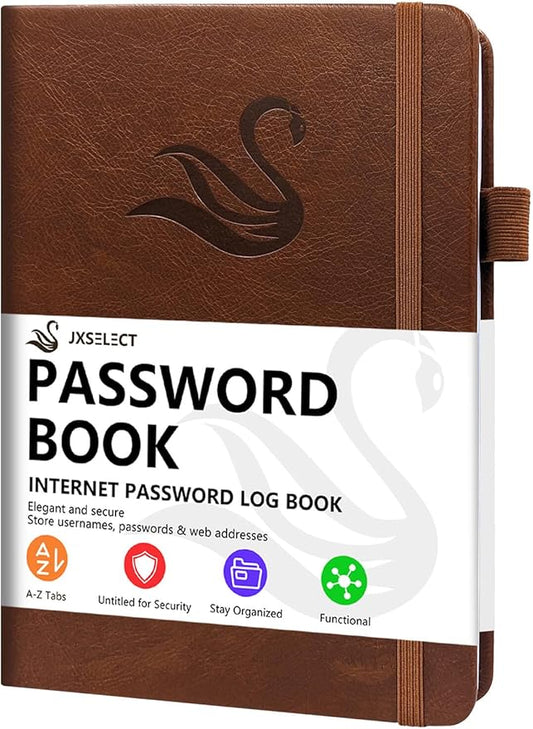 Elegant Password Book with Alphabetical Tabs - Hardcover Password Book for Internet Website Address Login - 5.2" x 7.6" Password Keeper and Organizer w/Notes Section & Back Pocket(Brown)