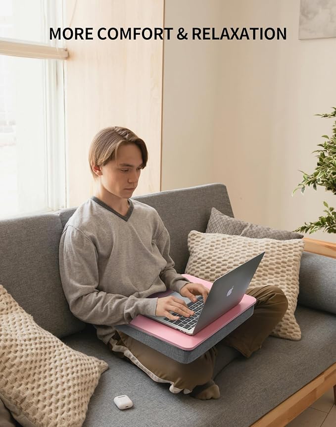 Lap Desk with Pillow Cushion, Portable Laptop Bed Desk, Fits up to 15.6 inch Laptop, Lap Stand for Bed & Couch & Carpet, Book Tablet/Drawing Board - Pink