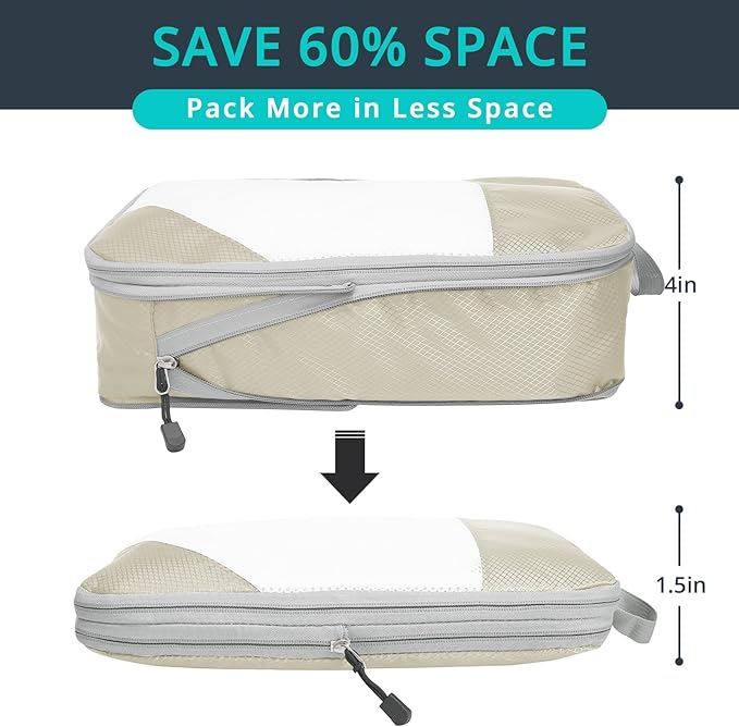 Compression Packing Cubes for Travel, Lightweight Travel Essentials, Packing Cubes Compression for Space-saving, 9 pcs, Beige