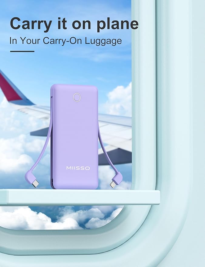 miisso 10000mAh Slim Portable Charger with Built in Cable, Power Bank Travel Charger External Battery Pack for Phone, 4 Output USB Type C Cord Clutch Charger Compatible with iPhone, Purple