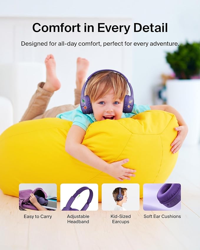 Belkin SoundForm Mini - Wireless Bluetooth Kids Headphones, 30H Battery, 85dB Safe Volume Limit, Built-in Microphone - Toddler On-Ear Earphones for iPhone, iPad - Ideal for School - Purple w/Case