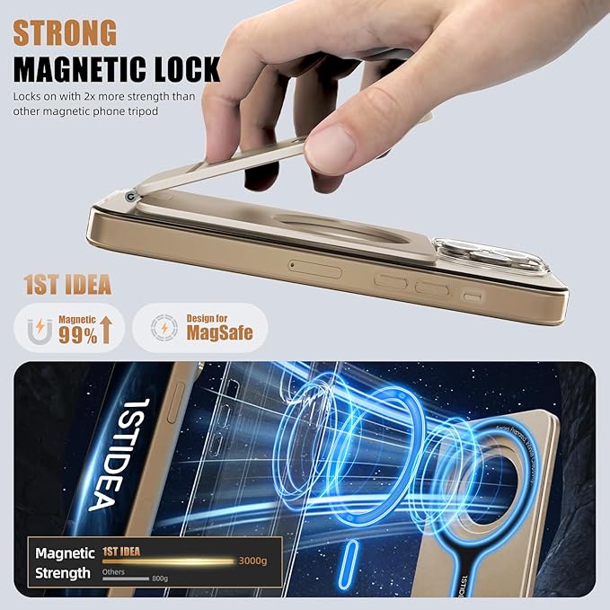 Phone Tripod Stand, Aluminum Alloy Mini Tripod Compatible with Magsafe iPhone 17/16/15/14/13/12 Series, Foldable Strong Magnetic Phone Stand, Mult-Angle Adjustment Selfie Stick