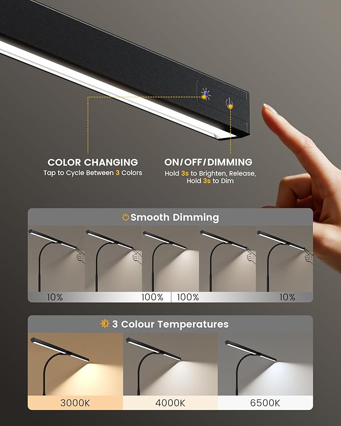 Eye-Caring Desk Lamp with Clamp, LED Desk Light Bar for Dual Monitors, Adjustable Gooseneck Table Lamp with 3 Color Modes, Smooth Dimming Office Desk Lamp for Home Office, Study, Computer Work