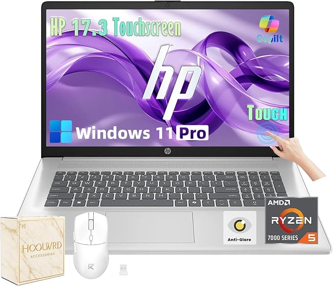 HP 2025 17.3 Touchscreen Laptop Computer, 17.3" 250 nits Anti-Glare Display, AMD Ryzen 5 (6-Core), 64GB RAM+2TB SSD, Windows 11 Pro, Fast Charge, AMD Radeon Graphics, Wi-Fi 6, w/Accessories