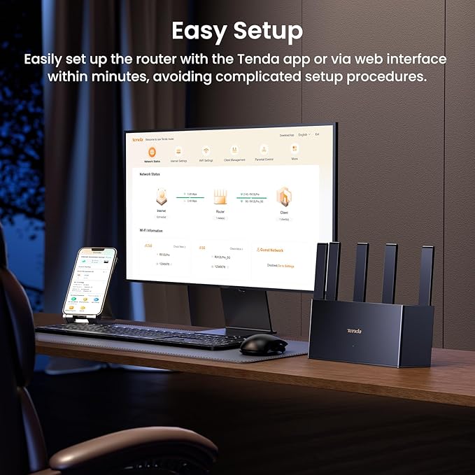 Tenda BE3600 Dual Band WiFi 7 Router (RE3L)– 3x1G Ports, Easy Setup, Security Protect, Parental Control, Access Point Mode, Vertical Design, MLO, VPN, NFC