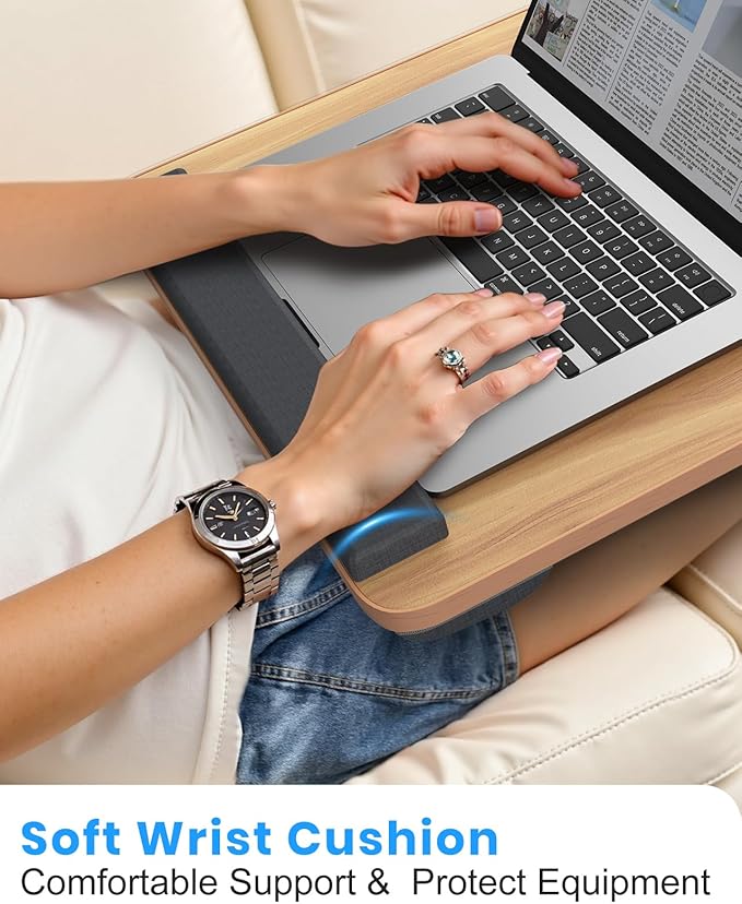 Portable Lap Desk, Laptop Stand for Bed with Soft Wrist Rest, Tablet/Phone Slot, Fabric Handle, Laptop Bed Desk with Cushion (Light Brown)