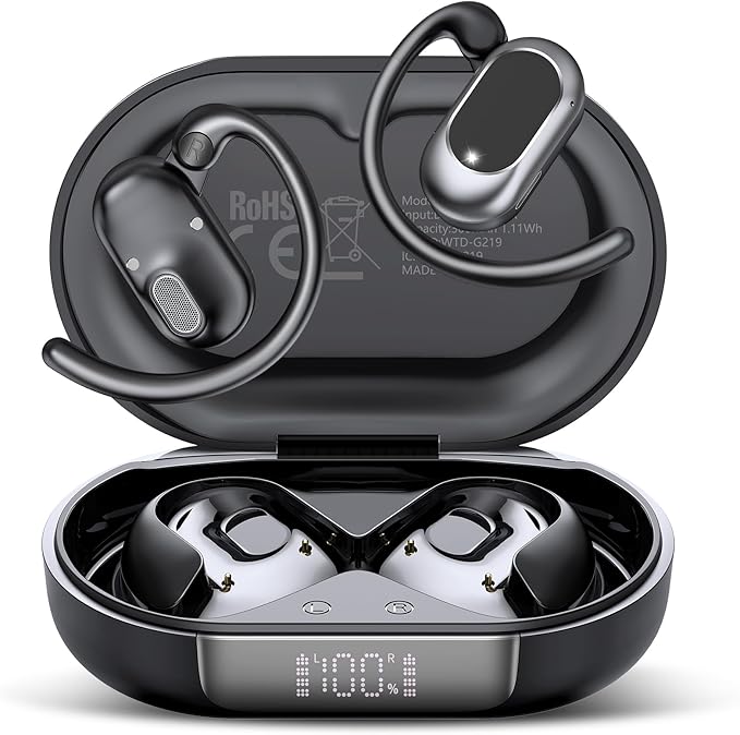 Open Ear Headphones, Bluetooth 5.4 Earphones 36H Playtime Air Conduction Headphones with Mic, Adjustable Earhook Earbuds with ENC Clear Calls/LED Display, IPX7 Waterproof Open Ear Earbuds Black