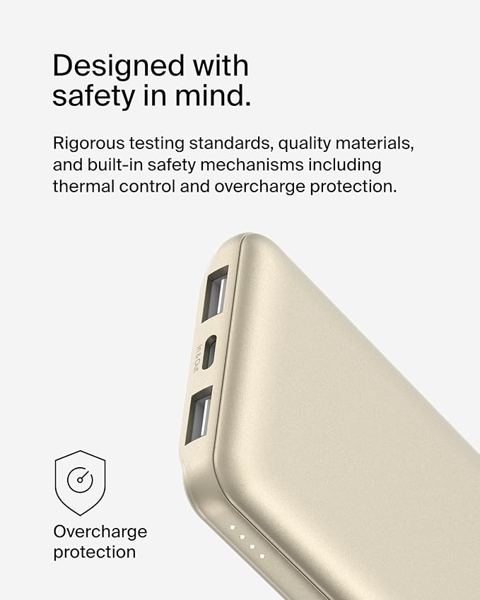 Belkin Portable Charger, USB-C Power Bank 10000 mAh w/ 2xUSB-A Ports, 15W w/Type-C to Type-A Cable for iPhone 17, Air, Pro, Samsung Galaxy S25, iPad, Nintendo Switch 2, Google Pixel 10, etc. - Gold