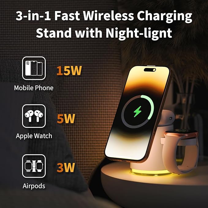 3 in 1 Wireless Charging Station,Qi2 Certified 15W Magnetic Wieless Charger with Night Light,for iPhone 12-17 Series,Apple Watch,Airpods (White)