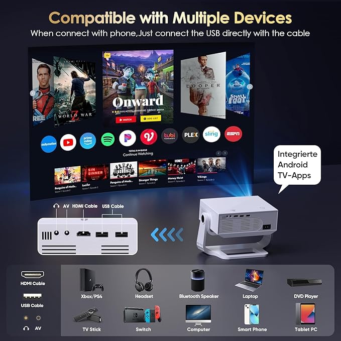 Projector with WiFi and Bluetooth, 1000+ Apps Installed, Electronic Focus & Auto Keystone, Zoom, Native 1080P 650 ANSI 20000Lumen 4K Support Portable Mini Video Projector Outdoor Indoor