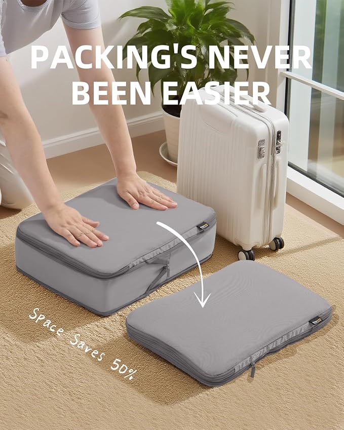 6 Set Compression Packing Cubes for Travel, Large Medium Small Luggage Organizers (Misty Silver)