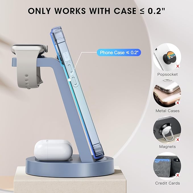 3 in 1 Charging Station for iPhone, Wireless Charger for iPhone 17 16e 16 15 14 13 12 11 X Pro Max & Apple Watch - Charging Stand Dock for AirPods (Blue)