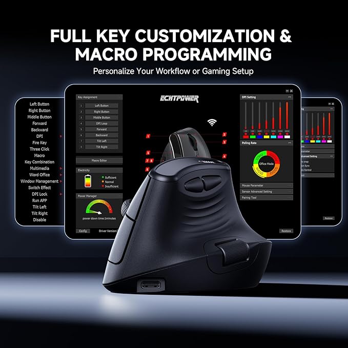 ECHTPower Ergonomic Vertical Mouse, Wireless Rechargeable Mouse with LED Display, 7-Level Adjustable DPI up to 8000, Silent & Programmable Buttons, Multi-Device Connection for PC/Mac/Laptop