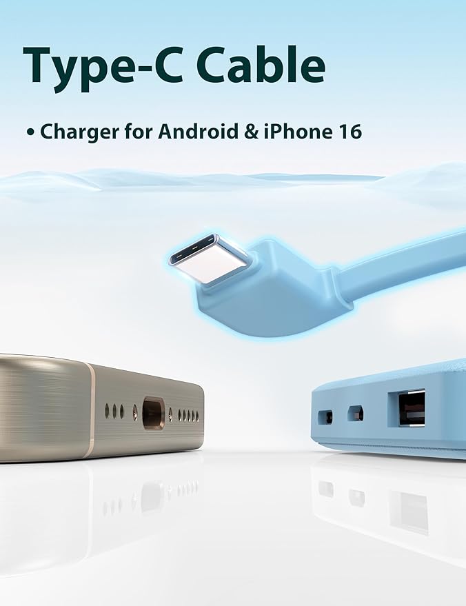 6000mah Ultra Slim Built in Cables Power Bank, Card Size Built in USB C Cords Battery Pack Portable Charger for Phones, 3 Output External Battery Pack Compatible with iPhone, Samsung, Google, Blue