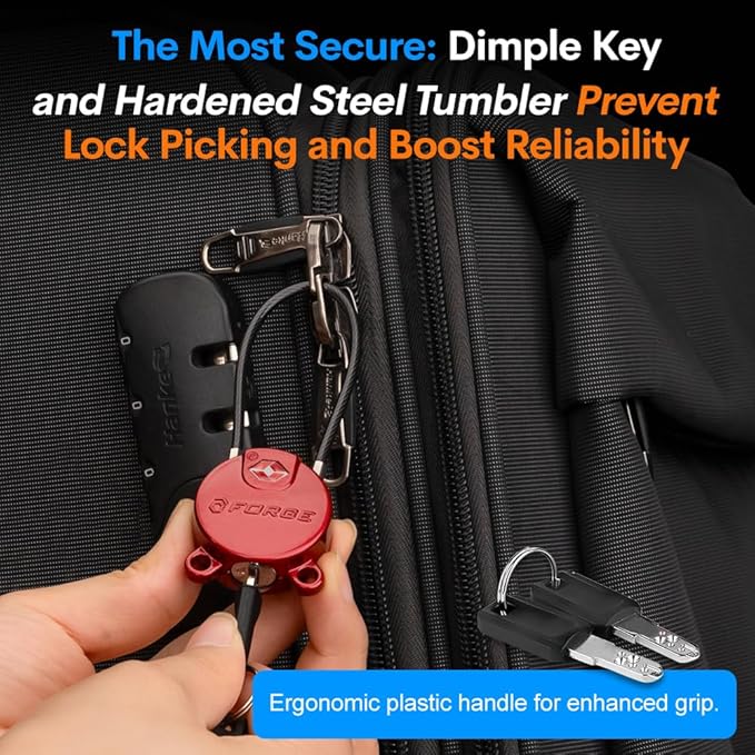Forge TSA Approved Luggage Locks Ultra-Secure Dimple Key Cable Locks for Travel with Zinc Alloy Body- 2 Red Locks