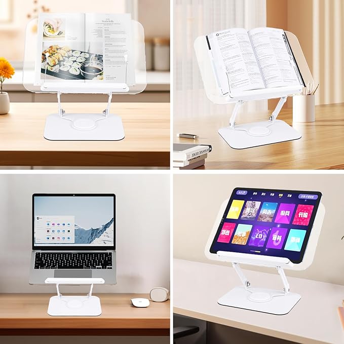 ASIEIT Book Stand for Reading, Acrylic Adjustable Book Holder with 360° Rotating Bases & Elastic Page Clips, Foldable Desktop Riser, Multifunctional Display Stand for Bible, Laptop, Recipe, Textbook