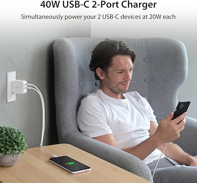 j5create PD 40W Dual Port USB C Wall Charger - Fast Charging for iPhone 15, 15 Plus, 15 Pro, 15 Pro Max, 14, 13, 12, 11, Galaxy S23, S22, S21, iPad, AirPods & More (JUP2440)