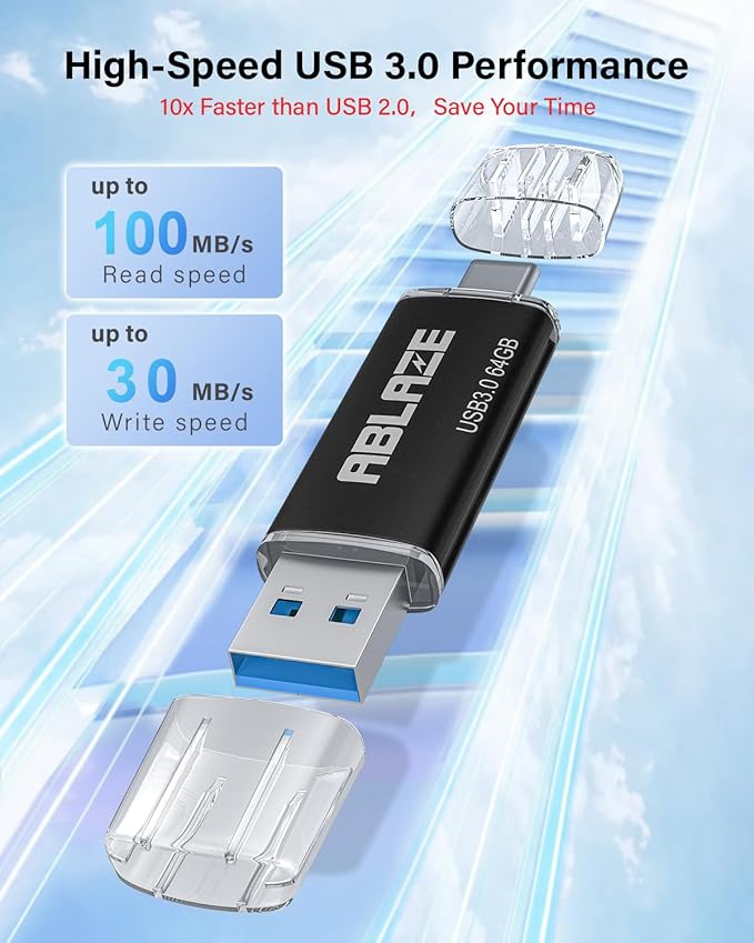 ABLAZE USB C Flash Drive 64GB 2 Pack, Dual USB 3.0+Type C Flash Drive Compatible with iPhone 16/15, Android Smartphone, Computer,Tablet Mac Laptop (2 Pack)