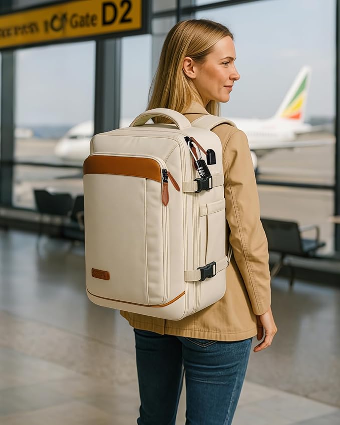 Vancropak Travel Backpack for Women, Airline Approved Carry On Backpack with 3 Packing Cubes, Expandable Large 40L Travel Bag fits 17" Laptop, Anti Theft Luggage Suitcase Weekend Daypack, White Brown