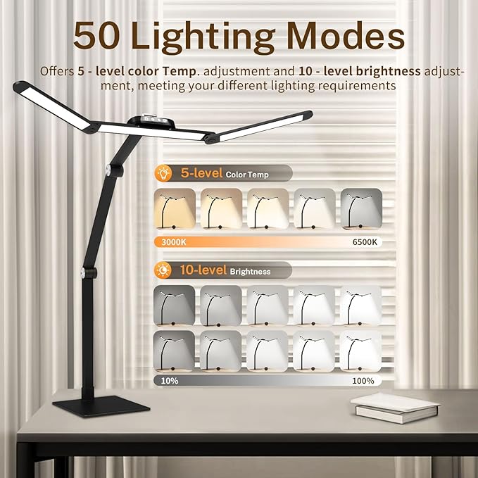 Table Lamp, LED Desk Lamp with Clamp and Base, Architect Desk Lamp for Home Office with Remote Control, 24W Ultra Bright Desk Light with Gesture Sensor Switch, Memory Function, Eye Caring Table Light