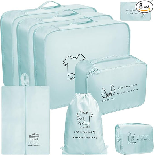 8 Set Packing Cubes for Travel Essentials - Luggage Organizer Bags with Hanging Toiletry & Shoe Bag for Suitcase, Travel Cubes for Packing