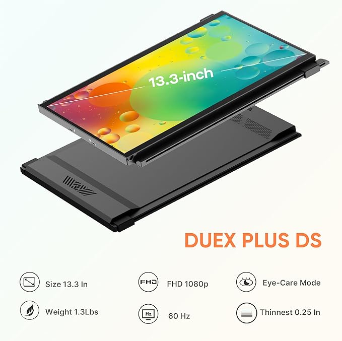 Mobile Pixels Duex Plus DS Portable Laptop Monitor, 13.3'' Laptop Screen Extender, Type-C/HDMI Plug and Play, Portable Monitor for 13'' to 14.5'' Laptop