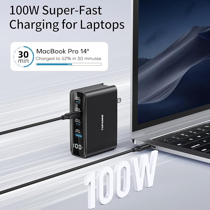 100W USB C Travel Charger, 4-Ports Foldable Travel Adapter Plug Converter with UK/EU/AU Plugs, Fast Charging for MacBook Pro/Air, iPad Pro, iPhone 15/14 Pro Max, for 45w Samsung Galaxy, Black