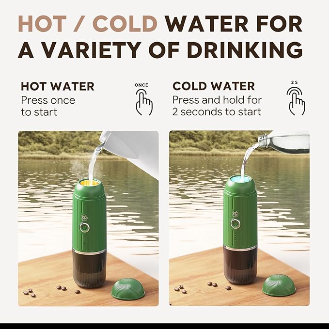 Fast self-heating Portable Electric Espresso Coffee Maker, 2 IN 1 Extraction Espresso Machine, Support Ground Coffee and NS capsule, for Travel,Car,Hiking,Climbing（Green） Rich Crema