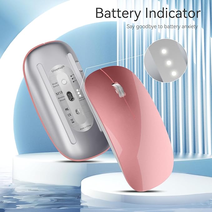 TENMOS M18 Bluetooth Mouse, USB C Rechargeable Wireless Mouse, Triple Mode (Dual Bluetooth+USB) Computer Silent Mice Portable with USB Receiver Type C Adapter for Laptop/MacBook/iPad/PC- Rose Gold