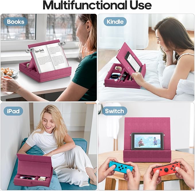 KDD Book Stand with Storage, Multi-Angle Viewing Reading Tablet Holder for Lap, Bed, Desk and Couch, Foldable I-pad Pillow Holder with Organizer Tray for Book,Tablet, Cell Phone, (4.7"-15") Purple