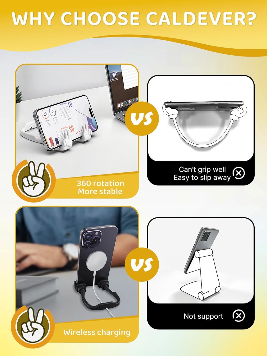 Stocking Stuffers for Teens Girls Boys Kids Cell Phone Stand: 2 Pack Upgrade Adjustable Peace Sign Thumbs Lazy Phone Holder for Desk Cool Gadgets Birthday Gifts for Women Men Adults (Black&White)