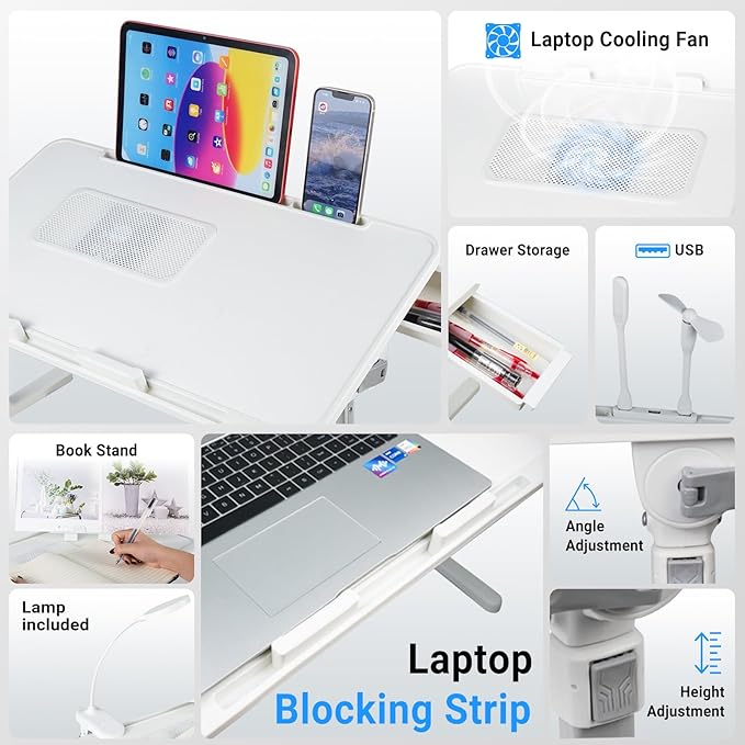 Laptop Lap Desk with Cooling Fan - Adjustable with Light, USB, Storage Drawer - Folding Bed Desk,23.62"*15.74",White