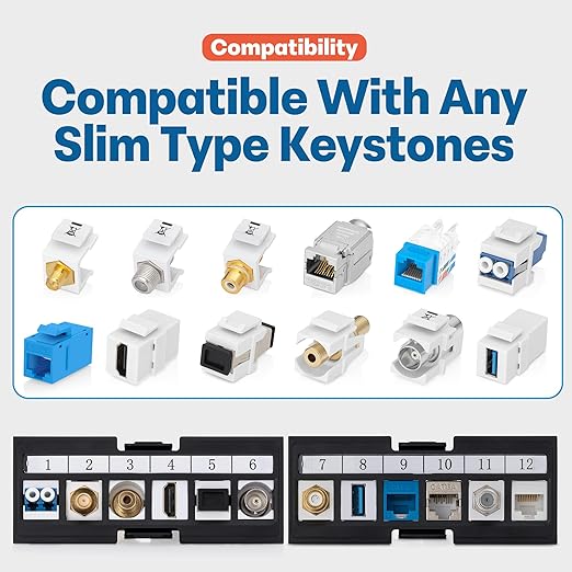 Everest Media 12-Port Keystone Patch Panel (1-Pack) - Removable 6-Port Panels - with 89D Wall Mount Bracket - Vertical/Horizontal Installation - 8 Blank Keystone Jack Inserts Included