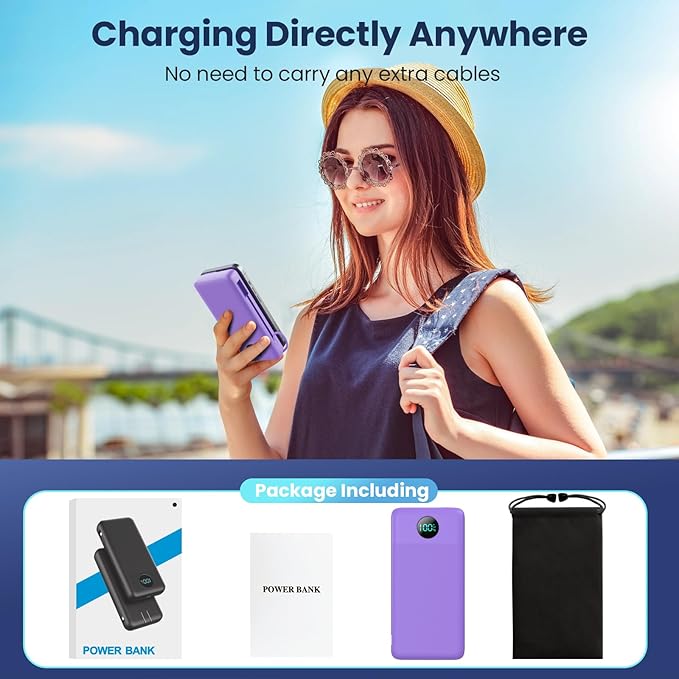 Portable Charger 33800mAh USB C Power Bank with Built-in Cables & AC Wall Plug,25W Fast Charging+QC 4.0 Phone Charger,4 Output LCD Display Battery Pack Compatible with iPhone16/15,Samsung,Android etc