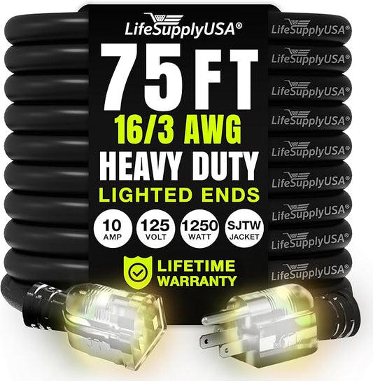 75ft Outdoor/Indoor Extension Cord 16/3 Gauge Heavy Duty 3 Prong SJTW, Waterproof, Flexible Cold-Resistant Long Power Cord,10A 125V 1250W, Black by LifeSupplyUSA