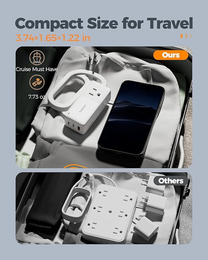 TESSAN USB Charging Station PD 30W, Flat Plug USB C Charger Blocks with 3 AC Outlets, Desktop Phone Fast Charger with 5FT Extension Cord for Phone Tablet Laptop, Travel, Office (Pack of 2)