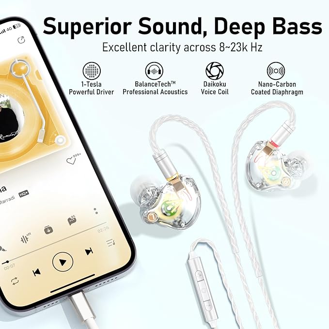 Vibes 202ML Wired Earbuds - HiFi in Ear Headphones - Noise-Isolating Ear Buds w/ Mic - Clear Sound, Deep Bass, Comfort-Fit Earphones - MMCX–Lightning for iPhone 5–14, Silver Plated Cord, Carrying Case