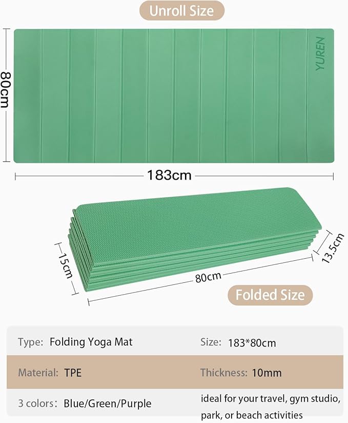 Foldable Yoga Mat 10mm Thick Wide Exercise Mat Non Slip Workout Mat for Home Gym, Travel, with Yoga Carrying Bag