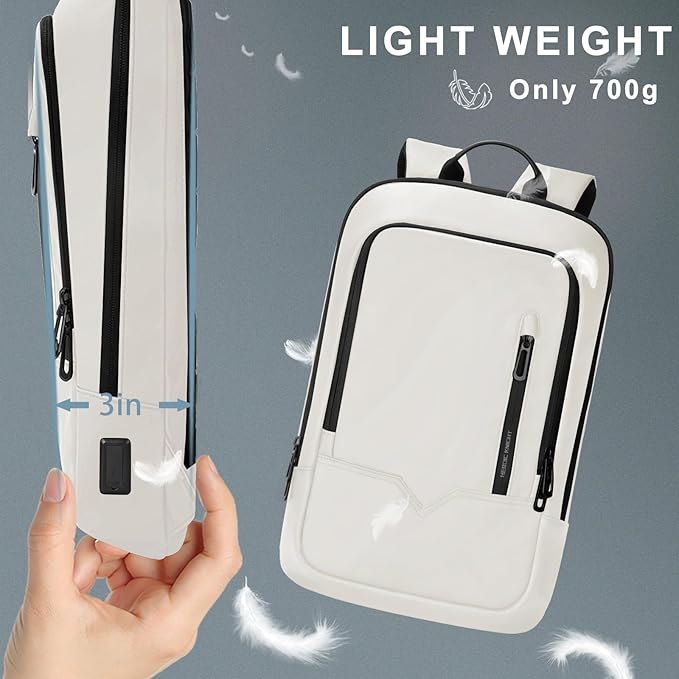 hk Backpack for Men Business Slim Backpack with USB Charger Computer Lightweight Anti-theft Travel (White, 17.3 Inch)