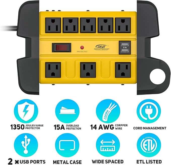 Heavy Duty Surge Protector Power Strip with 2 USB Ports, CRST 8-Outlet Metal Industrial Power Block with 15A Circuit Breaker, 6ft Extension Cord, 1350 Joules for Workshop, Garage, Office, Shop…