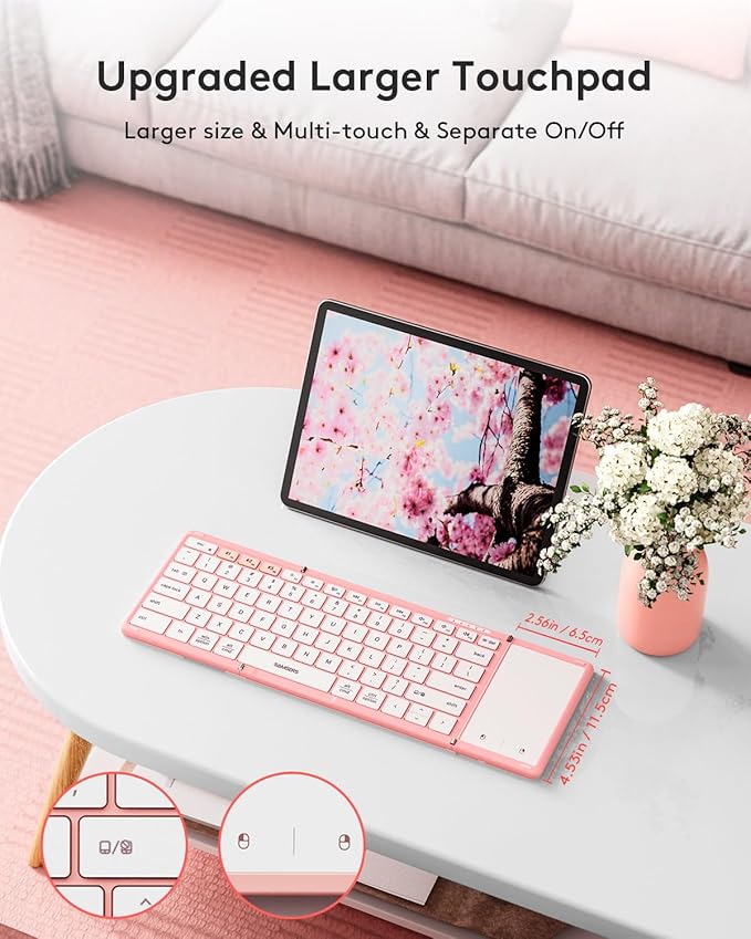 Samsers Foldable Bluetooth Keyboard with Touchpad, Full-Size Wireless Portable Travel Folding Keyboard for iOS Android Windows Mac OS, Support 3 Devices (BT5.1 x 3), Pink