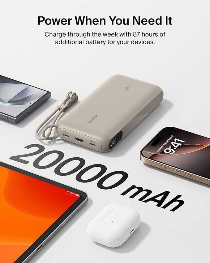 Belkin Portable Charger, USB-C Power Bank 20,000mAh w/ 2X USB-C Ports & 1x A Port, Digital Battery Display, 20W Charging for iPhone 17, Air, Pro, Samsung Galaxy S25, Pixel 10, iPad, & More - Sand